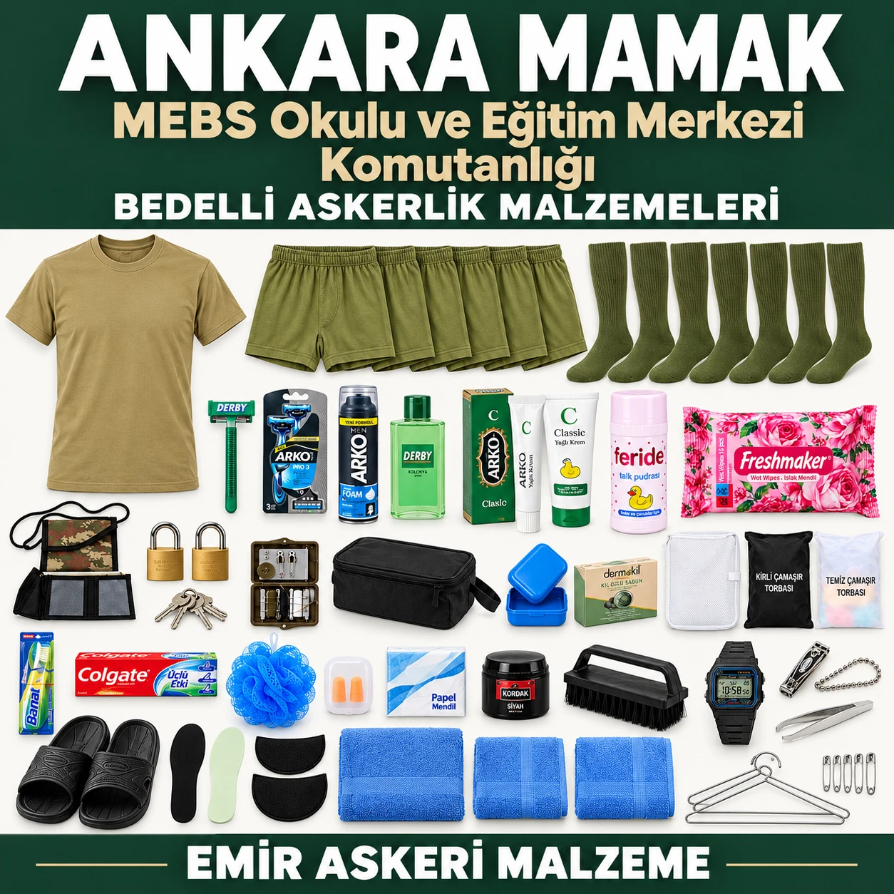Ankara Mamak — MEBS Okulu ve Eğitim Merkezi Komutanlığı için iç giyim, havlu, terlik, tabanlık, kilit ve bakım ürünleri
