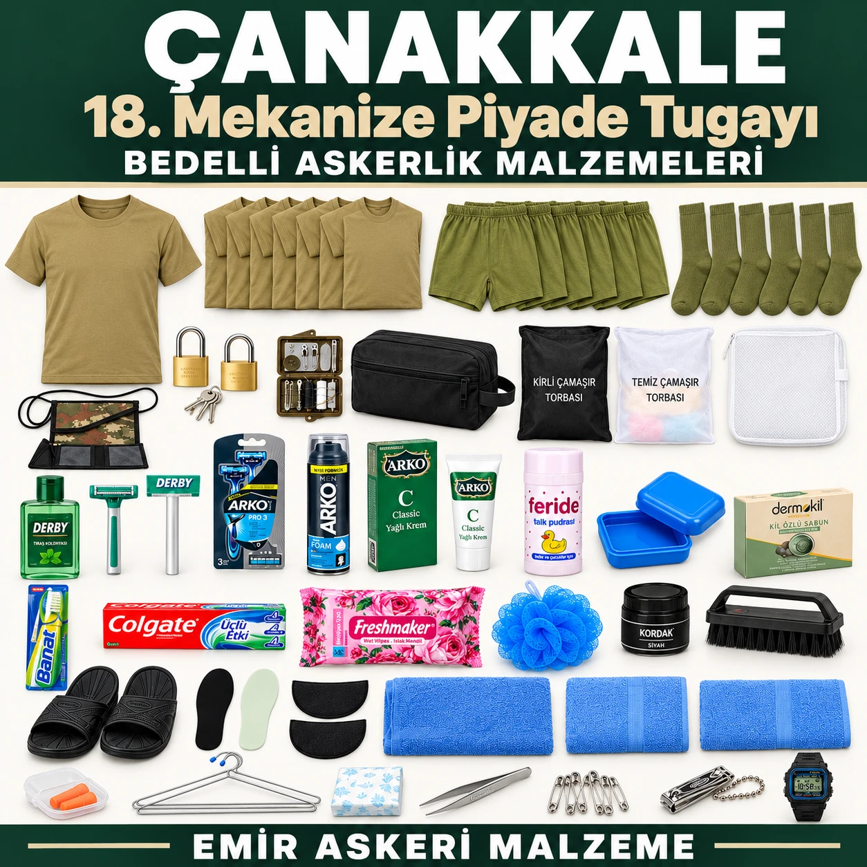 Çanakkale — 18. Mekanize Piyade Tugayı için iç giyim, havlu, terlik, tabanlık, kilit ve bakım ürünleri