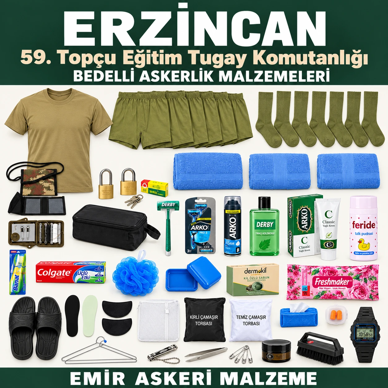 Erzincan — 59. Topçu Eğitim Tugay Komutanlığı için iç giyim, havlu, terlik, tabanlık, kilit ve bakım ürünleri
