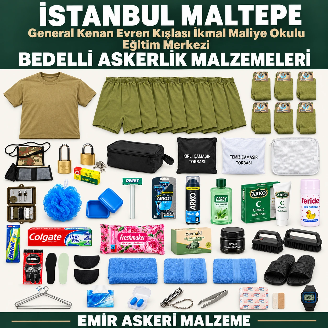 İstanbul Maltepe — General Kenan Evren Kışlası İkmal Maliye Okulu Eğitim Merkezi için iç giyim, havlu, terlik, tabanlık, kilit ve bakım ürünleri