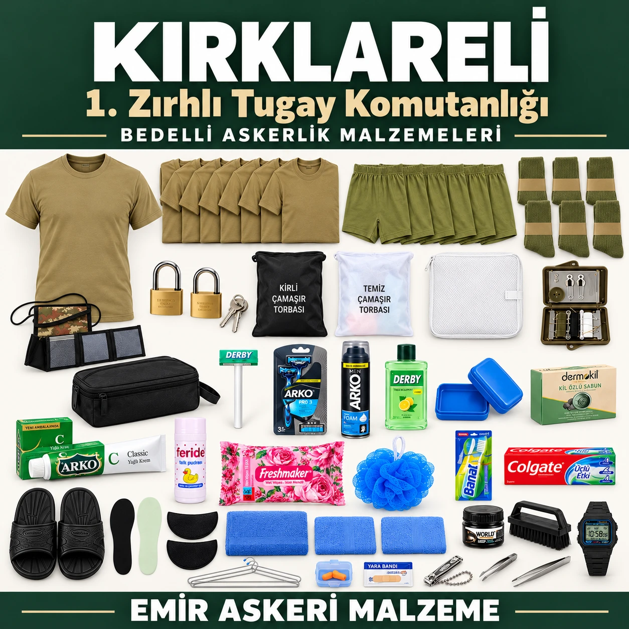 Kırklareli — 1. Zırhlı Tugay Komutanlığı için iç giyim, havlu, terlik, tabanlık, kilit ve bakım ürünleri